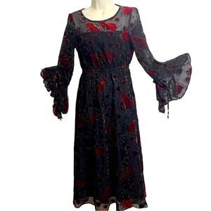 Black mesh red velvet floral design dress, whimsigoth midi long flutter sleeves